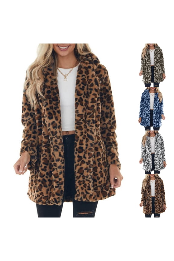 Womens Round Neck Leopard Print Plush Coat Pocket Suitable for Basic Model Autumn and Winter Wear 2025 Brown XL