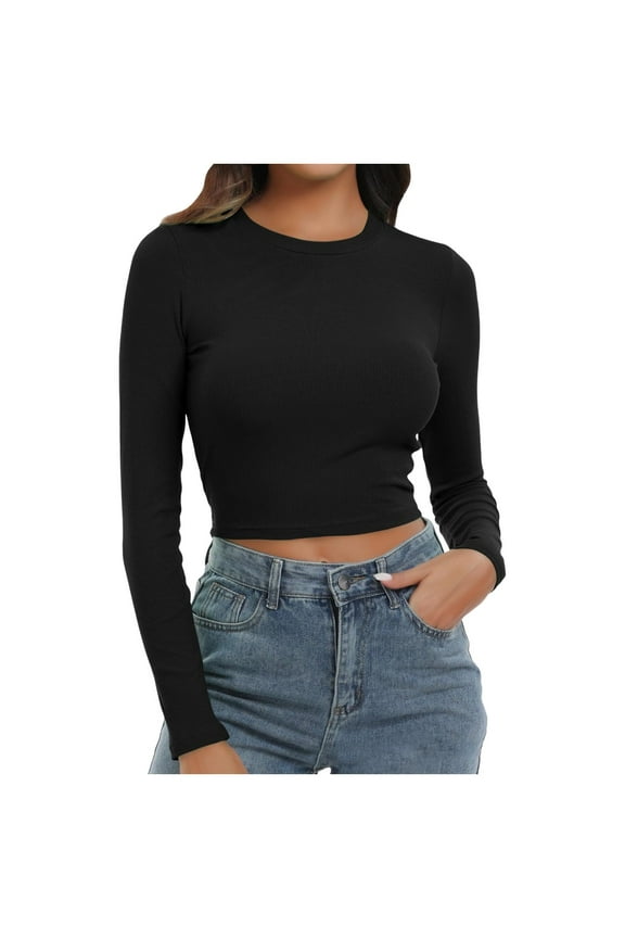 Womens Round Neck Long Sleeve Knit Ribbed Fitted Crop Top Casual Basic Shirts Womens T-Shirts Womens Long Sleeve Tops Cropped Tee Fashion Clothing Women Clothes