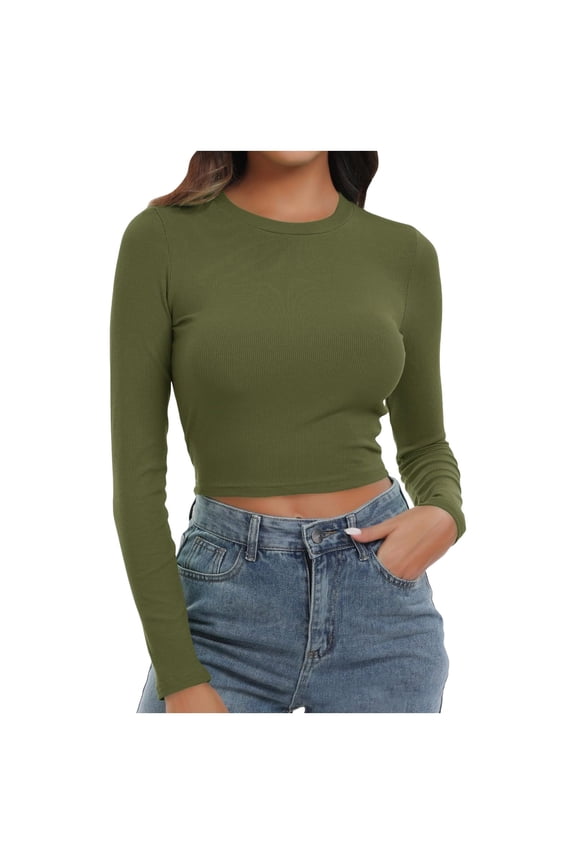 Womens Round Neck Long Sleeve Knit Ribbed Fitted Crop Top Casual Basic Shirts Womens T-Shirts Womens Long Sleeve Tops Cropped Tee Fashion Clothing Women Clothes