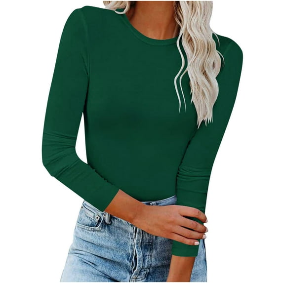 Womens Round Neck Long Sleeve Shirts Soft Silk Stretchy Bodycon Basic Tee Tops Solid Color Casual Tees