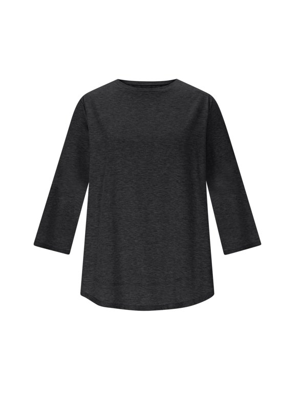 Womens Round Neck Mid Length Sleeve Tee Oversized Straight Cut Curved Tail Lightweight Daily Wear Blouse