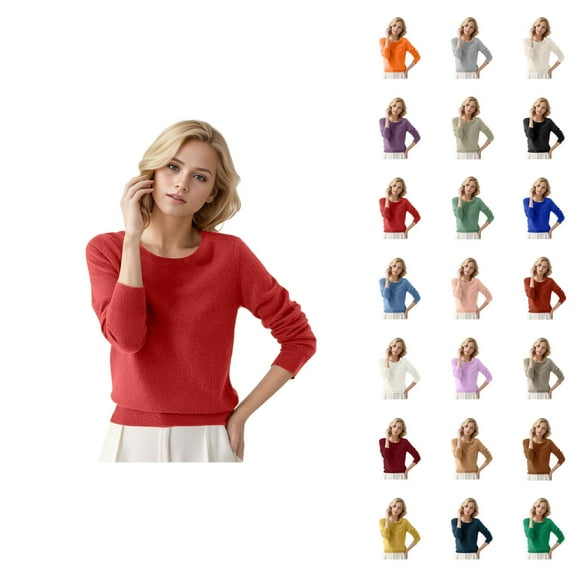 Womens Round Neck Pullover Sweater Solid Color Long Sleeve Soft Comfortable Casual Fall Winter Knit Top