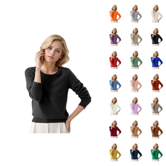 Womens Round Neck Pullover Sweater Solid Color Long Sleeve Soft Comfortable Casual Fall Winter Knit Top