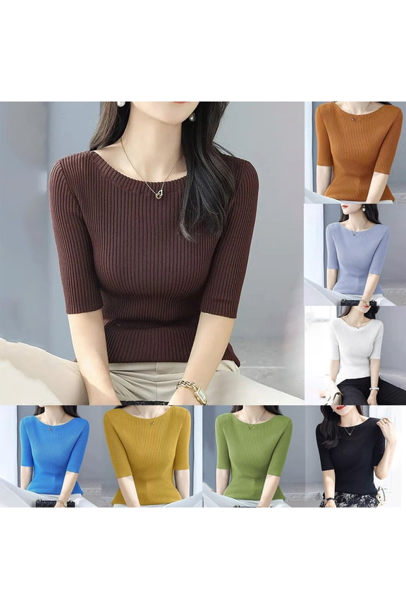Womens Round Neck Short Sleeve Ice Silk Knitted Sweater Female Slim Bottoming Blue YIWEI