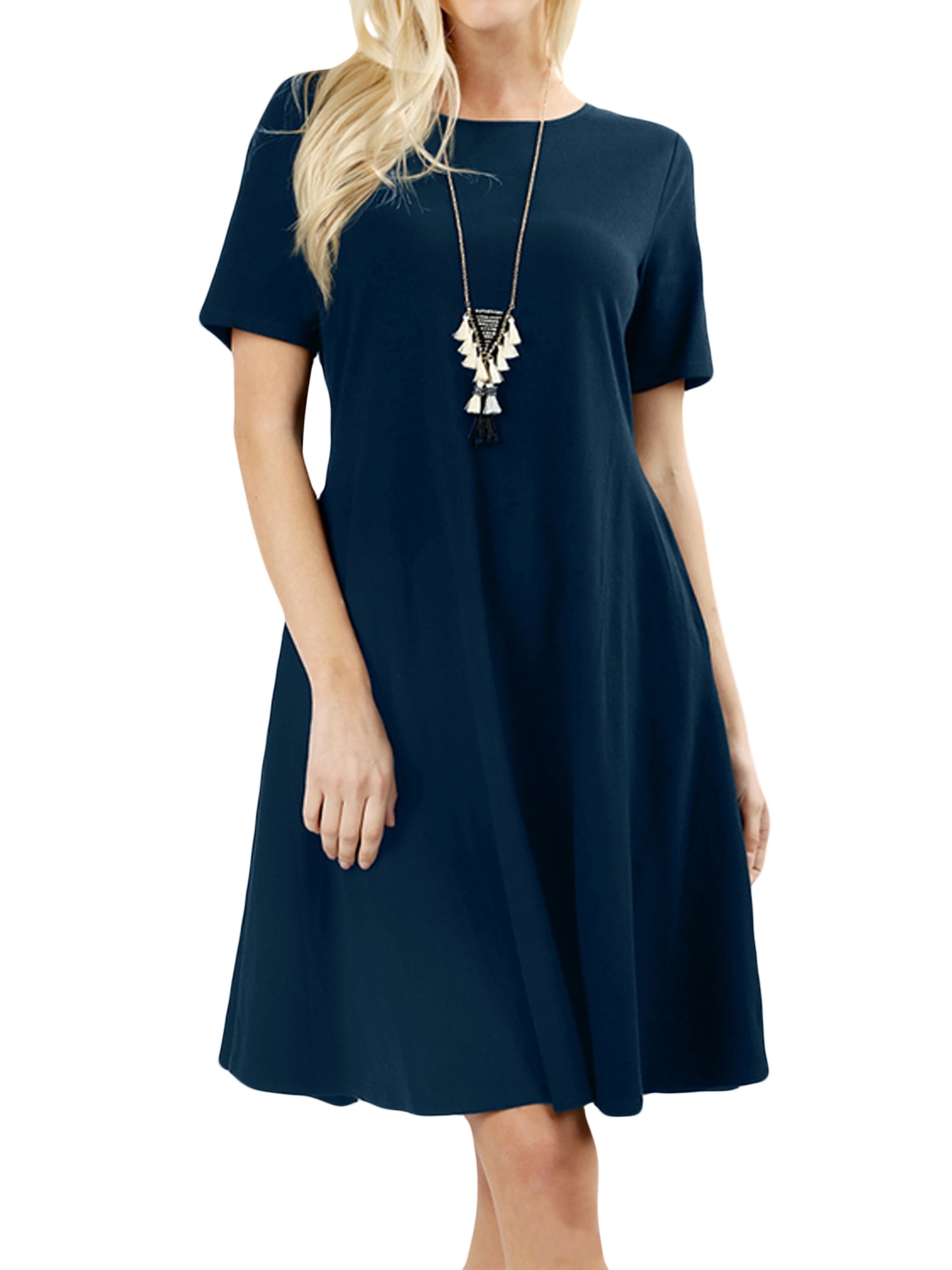 Womens Round Neck Short Sleeve Stretch Cotton Side Pocket A-line Fit &  Flare Dress - Walmart.com