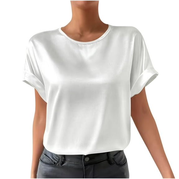 Womens Round Neck Silk Satin Blouses Rolled Short Sleeve Shirts Loose Casual Fashion Tops Business Work Dressy Summer Outfits