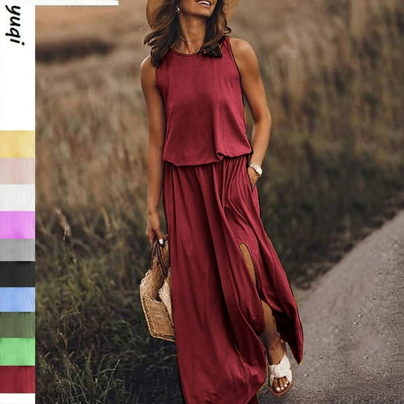 Womens Round Neck Sleeveless Tummy Dress Bohemian Sleeveless Side Slit Maxi Dress