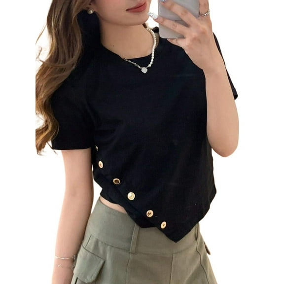 Womens Round Neck Solid Button Detail Asymmetrical Hem Tee,Short Sleeve Summer Blouse For Women