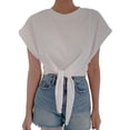 thumbnail image 1 of Womens Round Neck Solid Knot Hem Tee Short Sleeve Summer Blouse For Women, 1 of 4