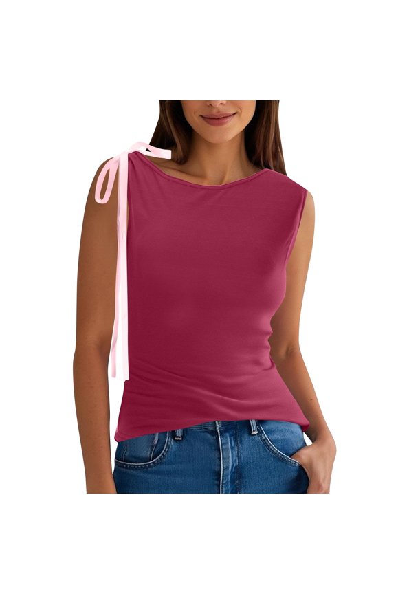 Womens Round Neck Tank Tops Sleeveless Slim Fit Shirts Trendy Side Drawstring Tie Up Y2K Going Out Summer Tank Tees