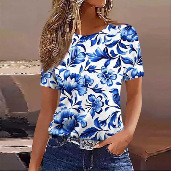 Womens Round Neck Vintage Blouse Blue Antique Floral Art Print - Retro Inspired Loose Fit Casual Tee