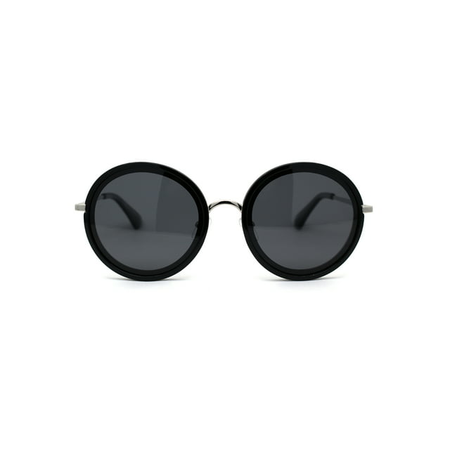 Womens Round Polarized Double Rim Circle Lens Sunglasses Silver Black Solid Black