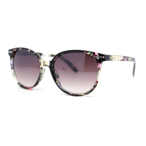 Womens Round Rhinestone Temple Horn Rim Thin Plastic Sunglasses Floral - Purple