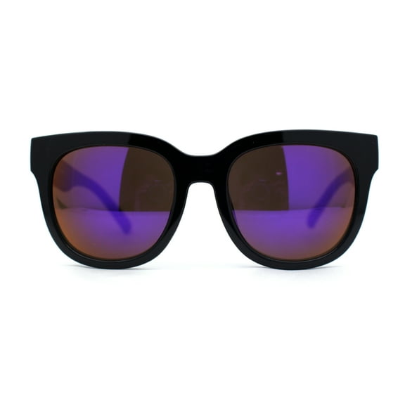 Womens Round Thick Horn Rim Color Mirror Boyfriend Sunglasses Black Purple Mirror