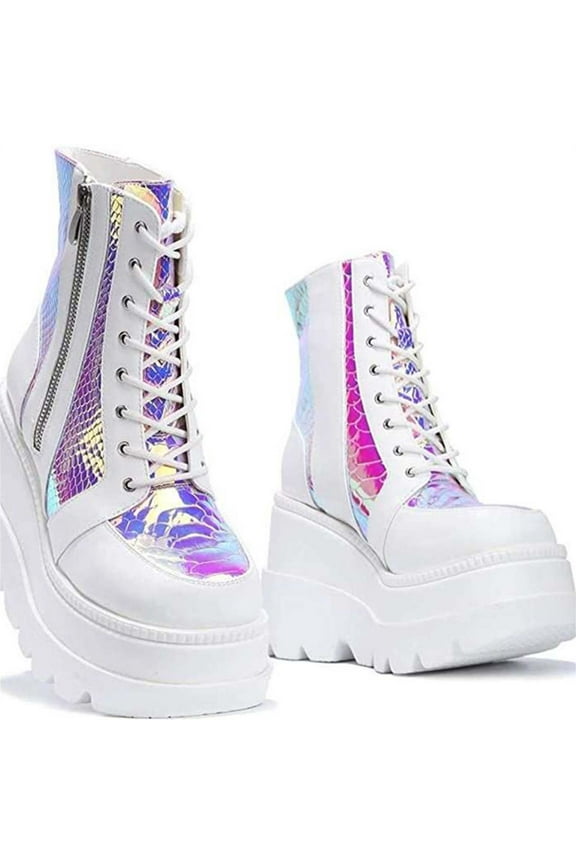 Womens Round Toe Chunky Platform Boots Fashion Lace-Up Zip Block Heel Combat Ankle Boot Goth Stacked Wedge Motorcycle Booties