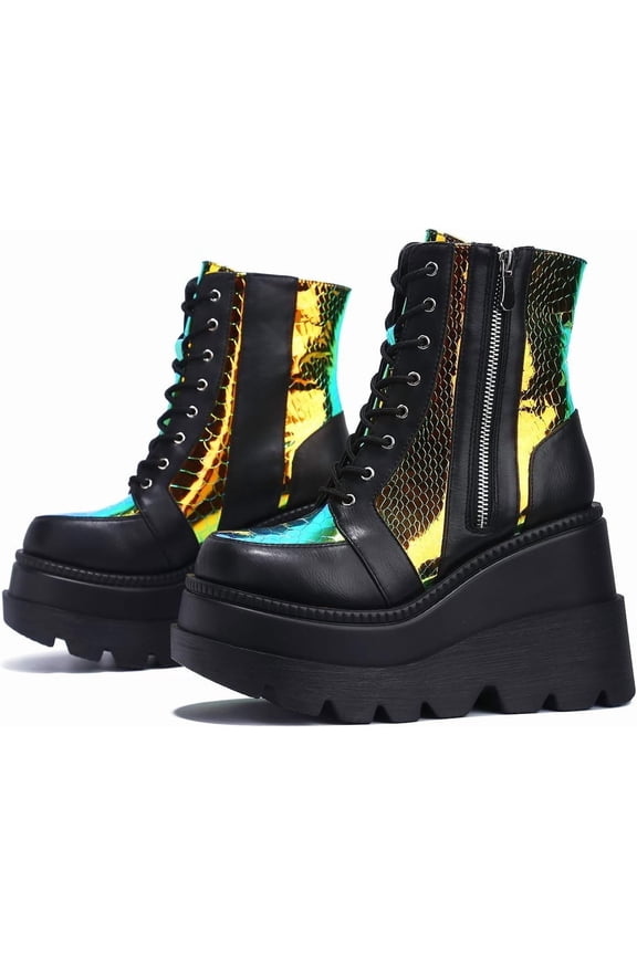 Womens Round Toe Chunky Platform Boots Fashion Lace-Up Zip Block Heel Combat Ankle Boot Goth Stacked Wedge Motorcycle Booties