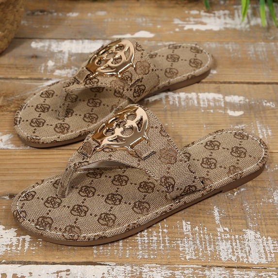 Womens Round Toe Floral Monogram Canvas Thong Flip Flops Buckle Decor ...