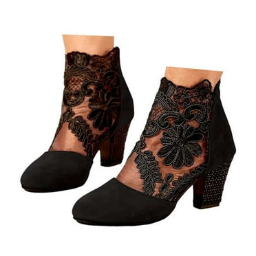 Womens Round Toe Pumps Shoes Elegant Lace Embroidery Flats Shoes Block Soled Wedding Heels