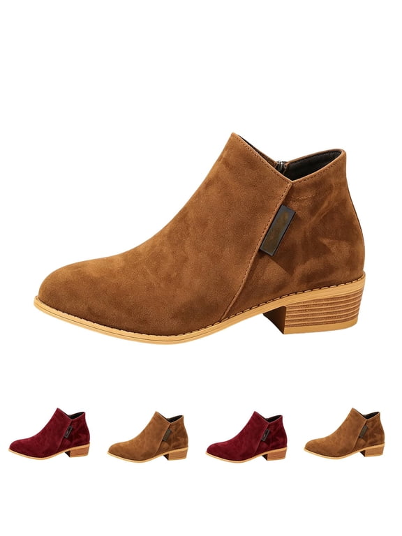 Womens Round Toe Side Zipper Block Heel Boots | Womens Fall Casual Comfortable Closed Toe Zip Up Low Chunky Heel Ankle Booties, Vintage Faux Suede Dress Shoes Brown 36