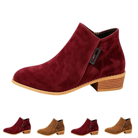 Womens Round Toe Side Zipper Block Heel Boots | Womens Fall Casual Comfortable Closed Toe Zip Up Low Chunky Heel Ankle Booties, Vintage Faux Suede Dress Shoes Wine 38