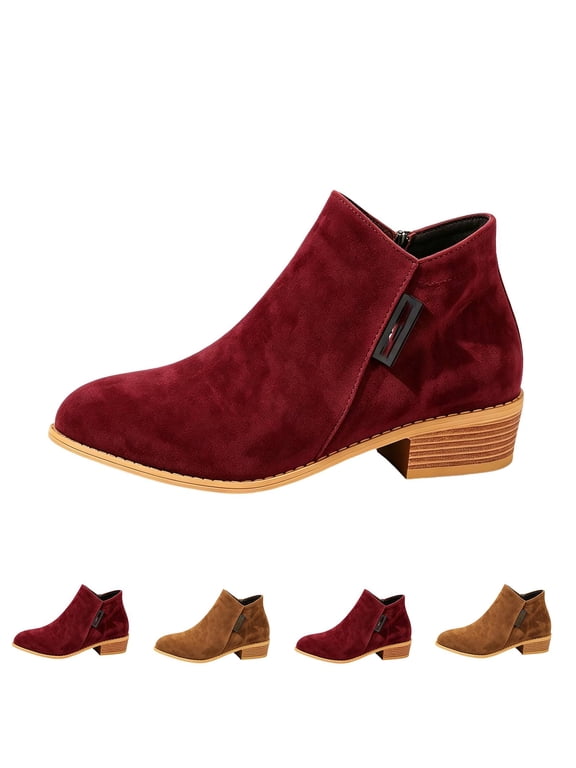 Womens Round Toe Side Zipper Block Heel Boots | Womens Fall Casual Comfortable Closed Toe Zip Up Low Chunky Heel Ankle Booties, Vintage Faux Suede Dress Shoes Wine 36