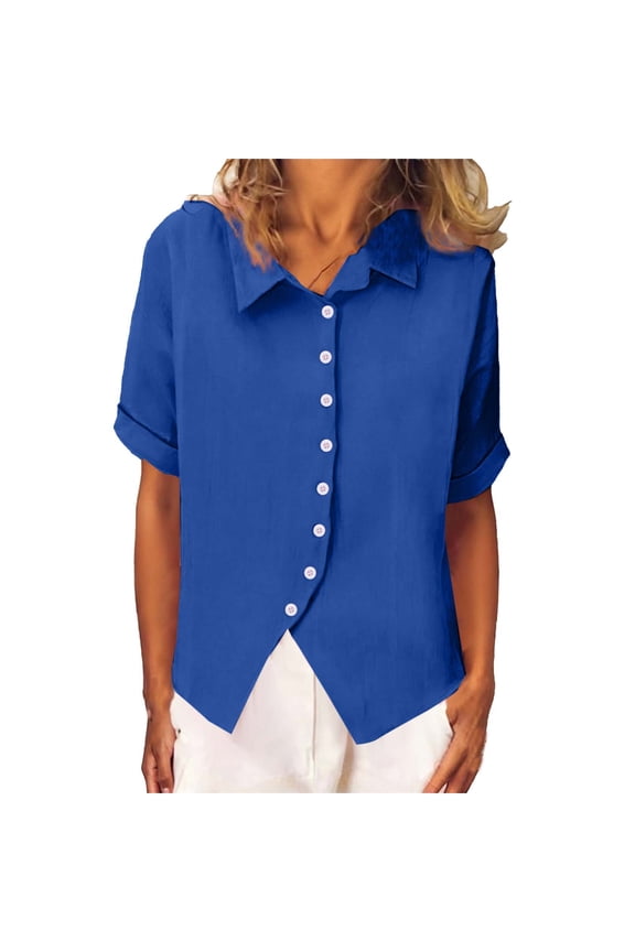Womens Royal Blue Oversized Blouse Drop Shoulder Short Sleeve Button Down Shirt Wrinkle-Free Polyester Casual Work Top,Size M
