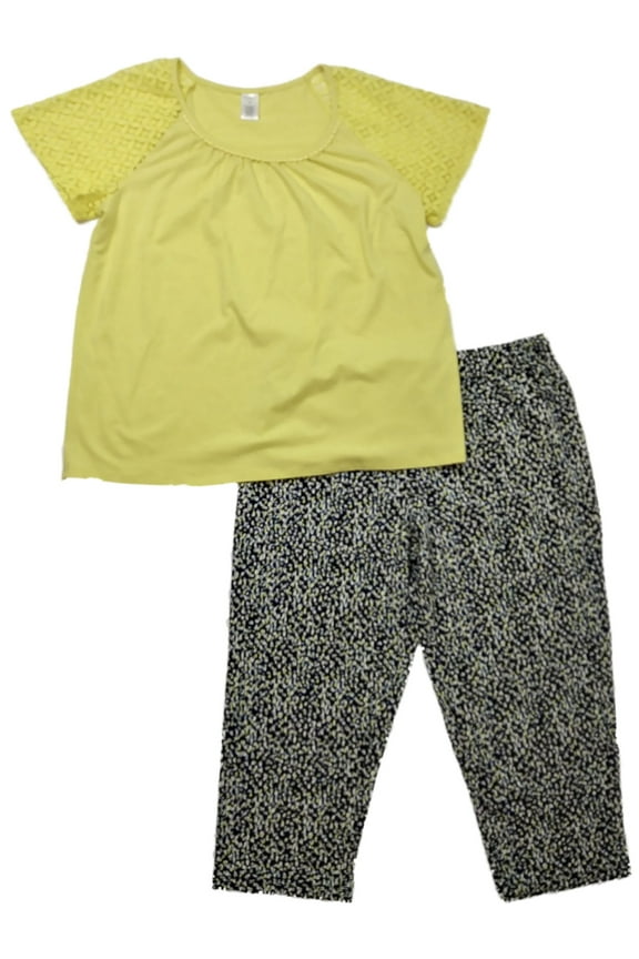 Womens Royal Blue Yellow Gray Speckle Capri Pajamas Lace Trimmed Sleep Set