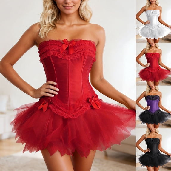Womens Royal Corset Tutu Dress Set Stage Performance Boned Shaper Elegant Comfortable Shapewear Red XXXXXXL
