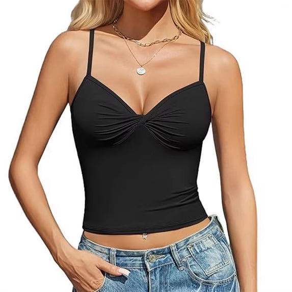 Womens Ruched Bust Cami Tops V Neck Sleeveless Spaghetti Strap Fitted Fitted Cropped Casual Everyday Summer Blouses Black M