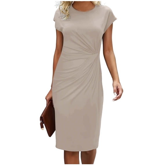 Womens Ruched Dress Side Twist Knot Cap Short Sleeve Dress Knee Length Elegant Casual Summer Wedding Guest Dress (2XL, Gray)