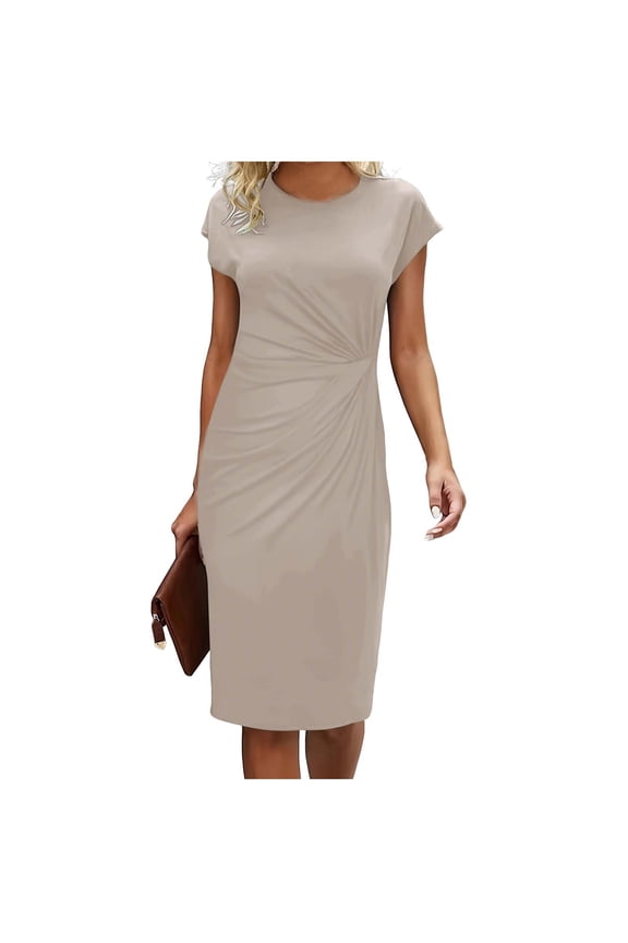 Womens Ruched Dress Side Twist Knot Cap Short Sleeve Dress Knee Length Elegant Casual Summer Wedding Guest Dress (M, Gray)