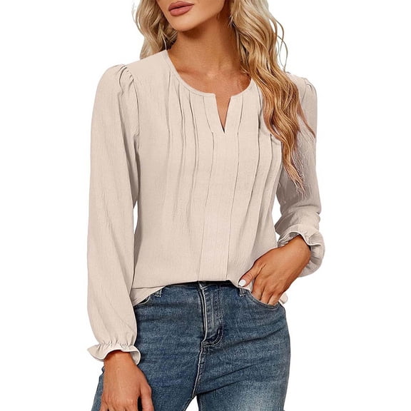 Womens Ruched Dressy Blouses, Long Sleeve Shirts for Women Fall Lightweight Casual Vintage Solid Color Notch V Neck T-Shirts S-2XL