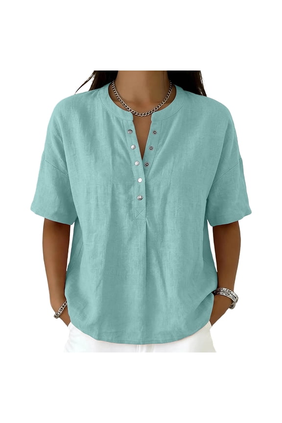 Womens Ruched Elbow Sleeve Shirts with Botton Summer Botton Up Casual Cotton V Neck Blouse Loose Fit Plain Trendy Vacation Tops