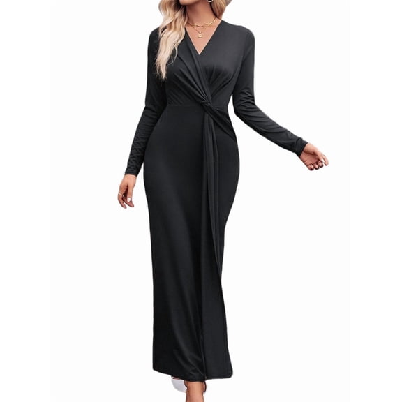 Womens Ruched Guest Gown Long Sleeve Split Bodycon Evening Dress V Neck Plain Twisted Waist Long Dresses Fall