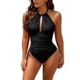 thumbnail image 1 of Womens Ruched One Piece Swimsuit Plunge Halter Slimming Bathing Suit Beach Solid Monokinis Swimwear (2XL, Black), 1 of 5