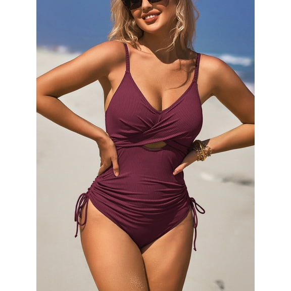 Womens Ruched One Piece Swimsuit V Neck Monokini Bath Suit Tie Side Swimwear