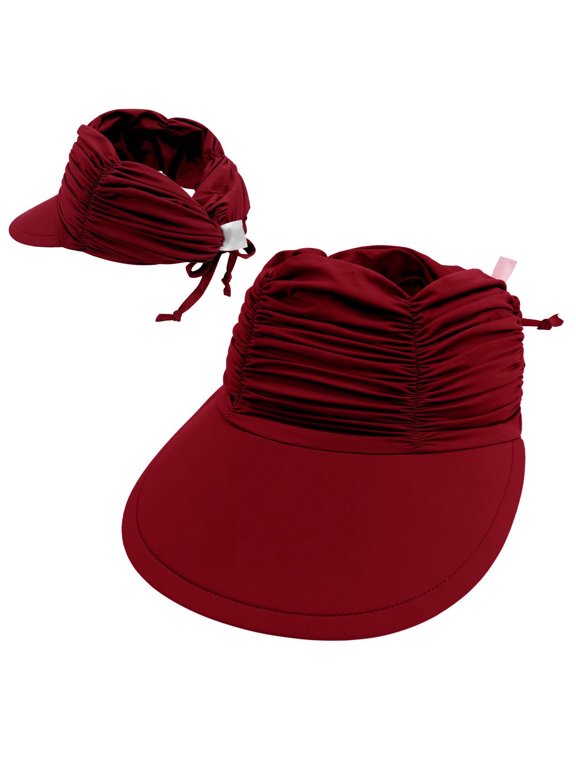 Womens Ruched Ponytail Empty Top Sun Visor Hat, Sport Sun Visors Adjustable Drawstring Nylon UV Protection Outdoor Cap for Beach Golf Running Hiking,9.8"×3.9"(Red)