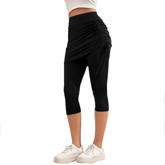 Womens Ruched Skirted Leggings High Waist Tennis Skorts Capris Tie Side Golf Tennis Gym Legging with Mini Skirts Black, S