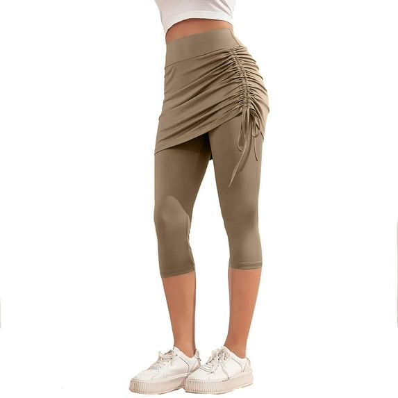 Womens Ruched Skirted Leggings High Waist Tennis Skorts Capris Tie Side Golf Tennis Gym Legging with Mini Skirts Khaki, M