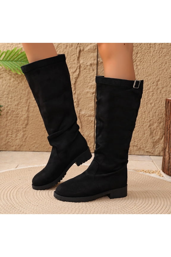 Womens Ruched Suede Tall Knee Boots, Metal Buckle Round Toe Low Chunky Heel Pull On Boot, Casual Soft Suede Riding Boots Black 4.5(35)