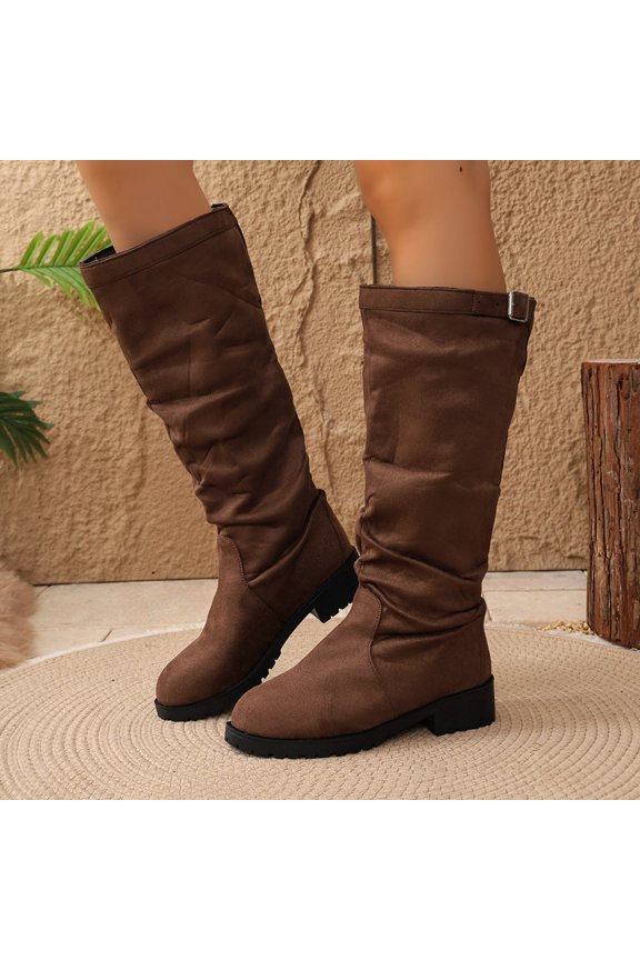 Womens Ruched Suede Tall Knee Boots, Metal Buckle Round Toe Low Chunky Heel Pull On Boot, Casual Soft Suede Riding Boots Brown 4.5(35)