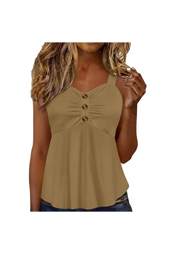Womens Ruched Tank Tops, Sleeveless Shirts for Women Summer Casual Loose Fit Solid Color Flowy Swing V Neck Tunic Tops with Buttons Mothers&nbsp;Day&nbsp;Gifts