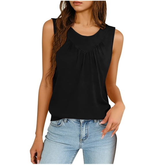 Womens Ruched Tank Tops, Sleeveless Shirts for Women Summer Casual Vintage Solid Color Scoop Neck Tanks Dressy Blouses