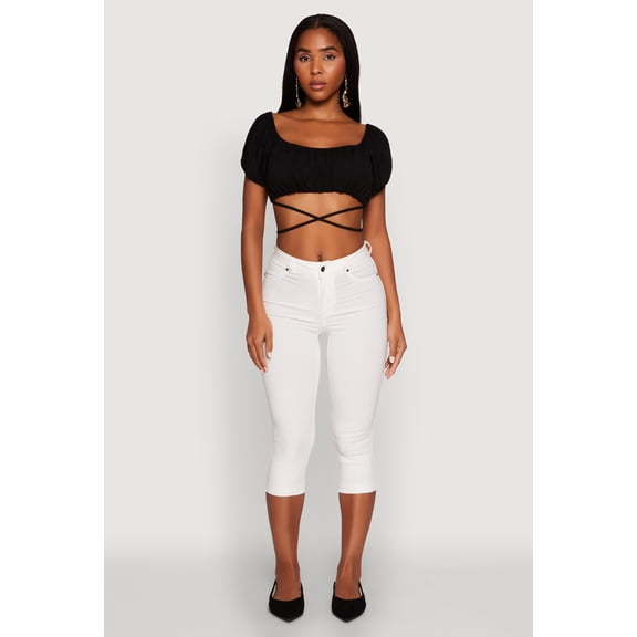Womens Ruched Tie Back Bubble Sleeve Crop Top