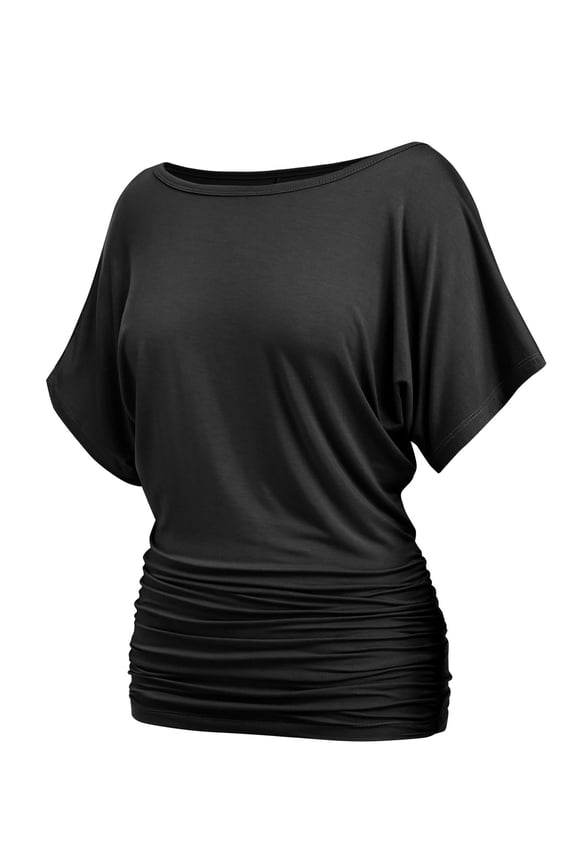 Womens Ruched Tops Casual Slim T Shirts Dolman Short Sleeve Shirts Boat Neck Summer Off Shoulder Batwing Tops