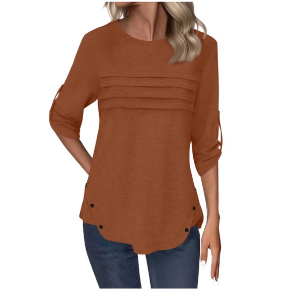 Womens Ruched Tunic Tops with Legging, 3/4 Sleeve Shirts for Women Fall Casual Solid Color Side Slit Crewneck Dressy Blouses with Button