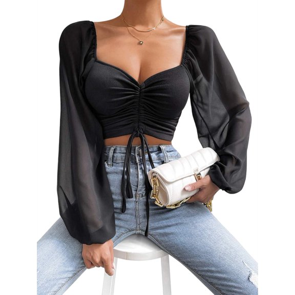 Womens Ruched Wrap Square Neck Flounce Chiffon Puff Long Sleeve Self Tie Crop Top Blouse Black XXL