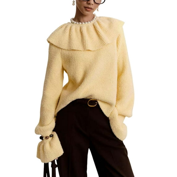 Womens Ruff Collar Sweater Oversized Flared Sleeve Loose Pullover Sweaters Tops Yellow L