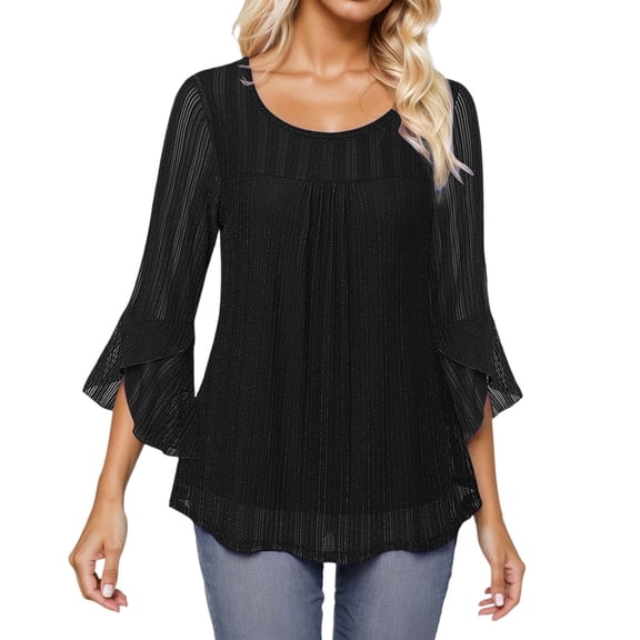 Womens Ruffle 3/4 Sleeve Blouses Sparkle Mesh Pleated Double Layered Tunic Tops Trendy Business Casual Loose Fit Shirts