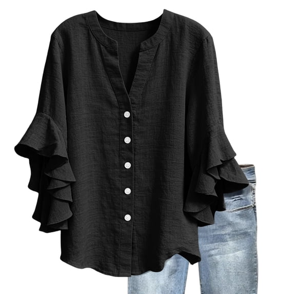 Womens Ruffle 3/4 Sleeve Dressy Blouse Casual Cotton Linen Button V Neck Shirts Summer Business Work Tops